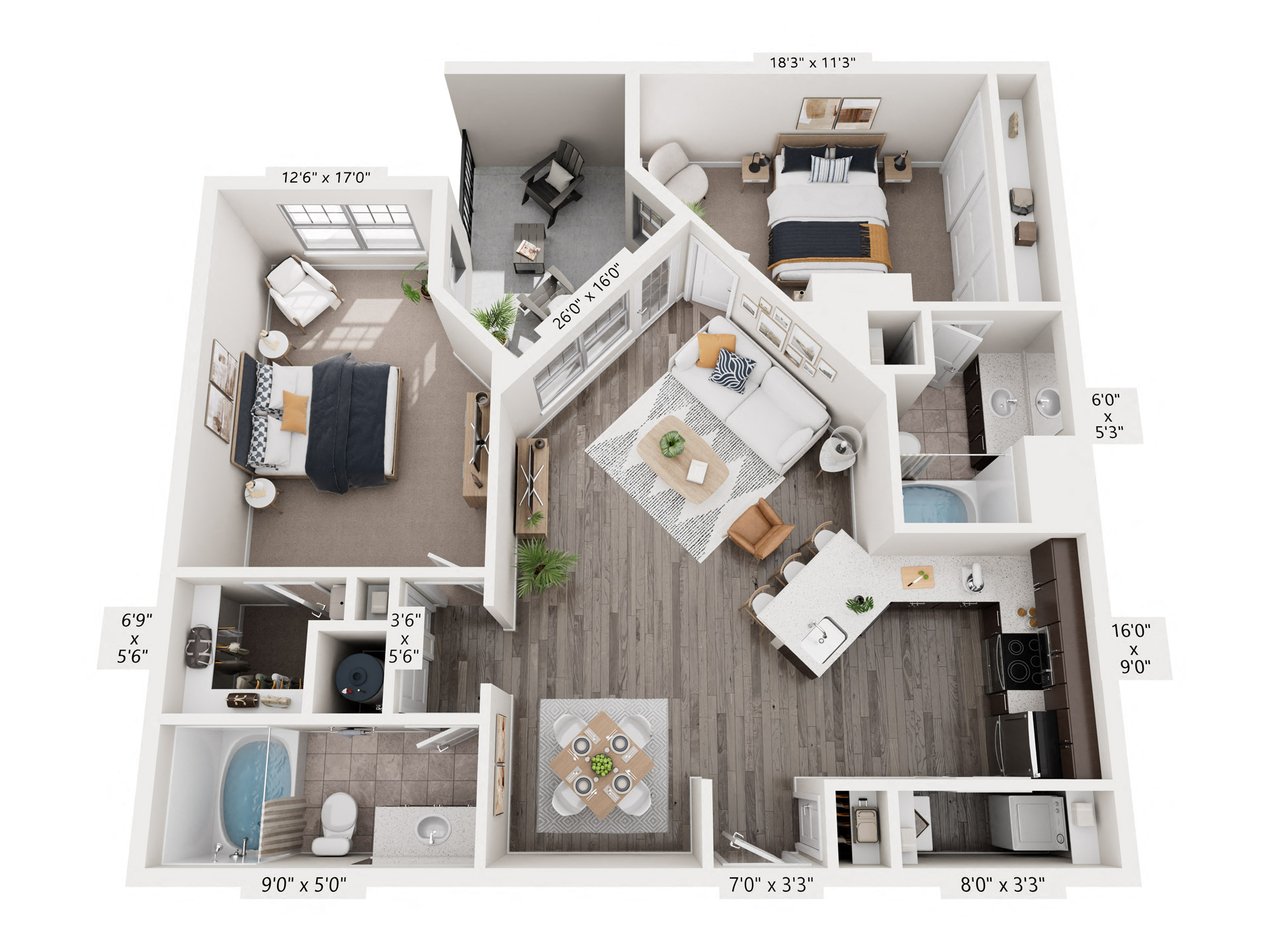 Floor plan for 2 beds, 2 baths, 1131 sqft